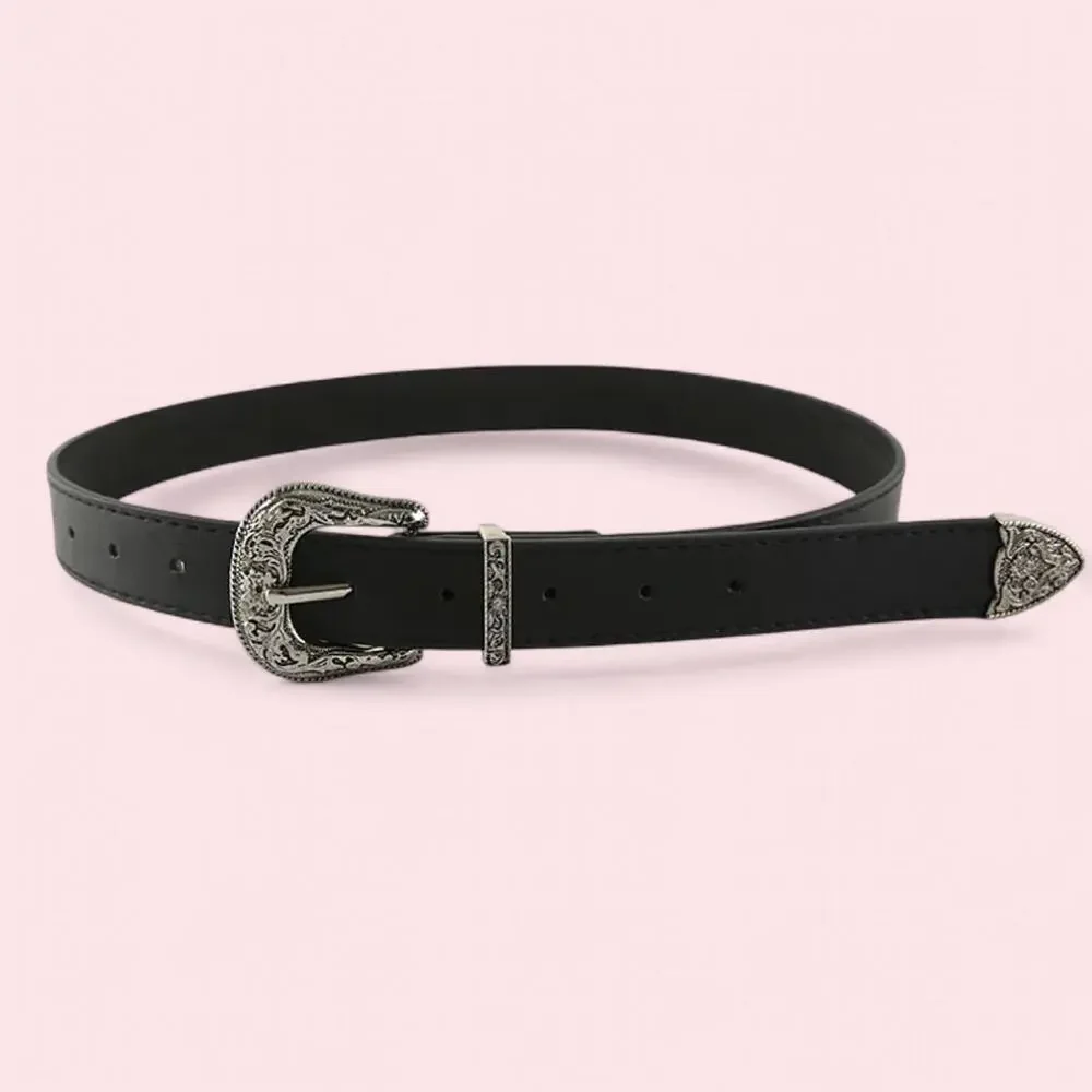 Black faux leather belt silver western buckle boho vintage y2k minimalist